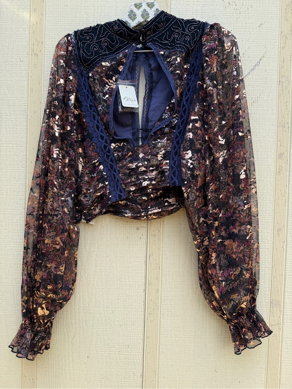 Free People Camille Beaded Crochet Mesh Metallic Cropped Top Boho Maximalist - Picture 4 of 5
